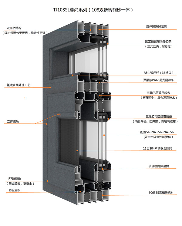 TJ108SL慕尚系列雙斷橋窗紗一體平開窗